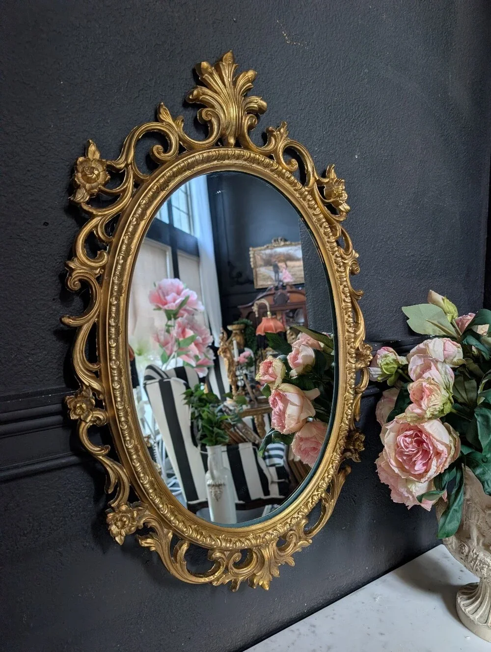 Vintage Ornate Gold Oval Rococo Style Wall Mirror, 28